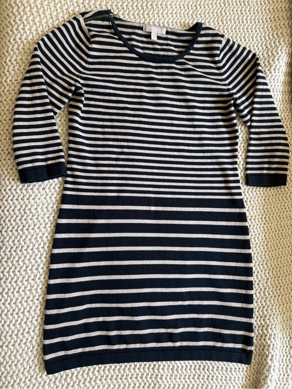 Striped Black/Beige Knit Dress - Classic Women's Sweater Dress 100% Cotton M